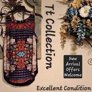 Asymmetrical Graphic Blue/Orange Tank Top. Excellent Condition NWOT Size Medium